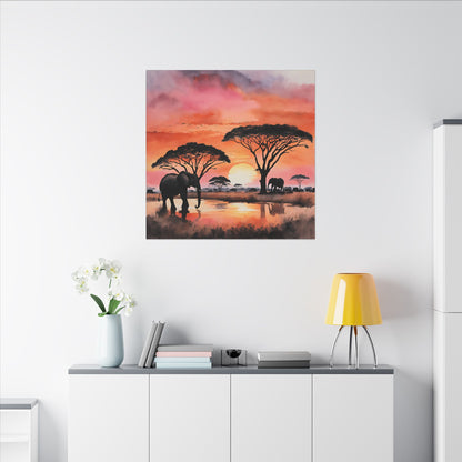 Matte Wall Canvas - Elephant Sunset - African Safari Collection